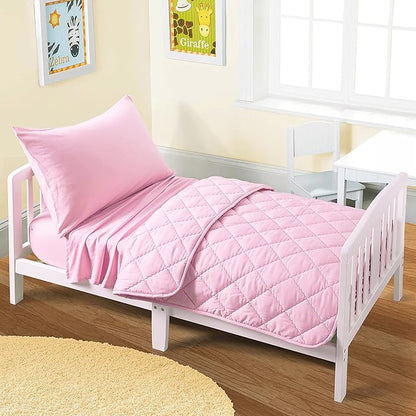 FLXXIE 4 Pieces Toddler Bedding Set, Soft and Breathable Microfiber Crib Sheet Set, Includes Quilted Comforter, Flat Top Sheet, Fitted Sheet, Envelope Pillow Case for Boys and Girls, Pink