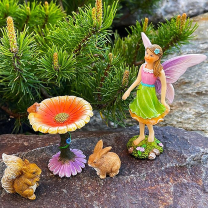 Mood Lab Fairy Garden Kit - Miniature Figurines & Accessories - Flower Set of 4 pcs - for Outdoor or House Decor