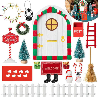 Haooryx Christmas Elf Garden Miniatures - 22Pcs Christmas Magic Fairy Doors Decoration Kit Wooden Miniature Fairy Doors Xmas Elf Magic Door Wall Fairies Xmas Winter Xmas New Year Decor(White Door)