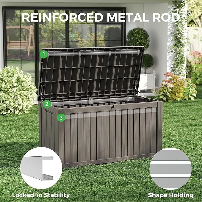 150 Gallon Resin Deck Box, Large Indoor and Outdoor Storage Box, Weatherproof and UV Resistant Outdoor Storage Box with Built-in Steel Beams for Patio, Cushions, Pool Supplies