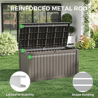 150 Gallon Resin Deck Box, Large Indoor and Outdoor Storage Box, Weatherproof and UV Resistant Outdoor Storage Box with Built-in Steel Beams for Patio, Cushions, Pool Supplies