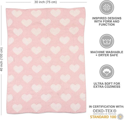 Living Textiles Pink Hearts Chenille Soft Baby Blanket Reversible Premium Cozy Fabric for Best Comfort - for Infant,Toddler,Newborn,Nursery,Girl,Throw,Crib,Stroller,Gift, Pink Hearts 40x30