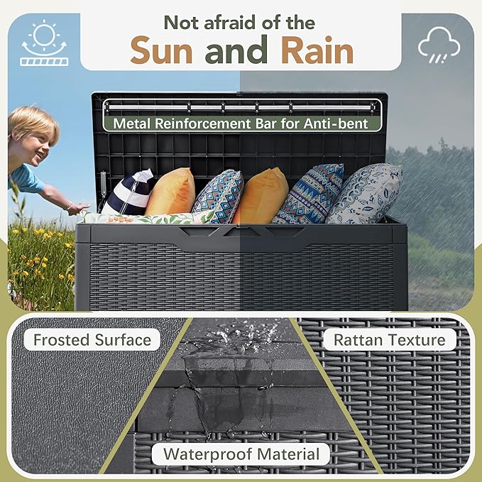 Flamaker Deck Box with Cushion 100 Gallon Waterproof Resin Storage Box with Air Rod Indoor Outdoor Lockable Storage Bench for Patio Furniture, Tools, Pool Accessories (Gray)