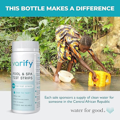 Varify 7 in 1 Pool and Spa Test Strips- Easy to Use Water Testing Kit for Pool, Spa, Hot Tub & More - Tester Strip for Water Hardness, Chlorine, Bromine, pH, Alkalinity and Cyanuric Acid (100 Strips)