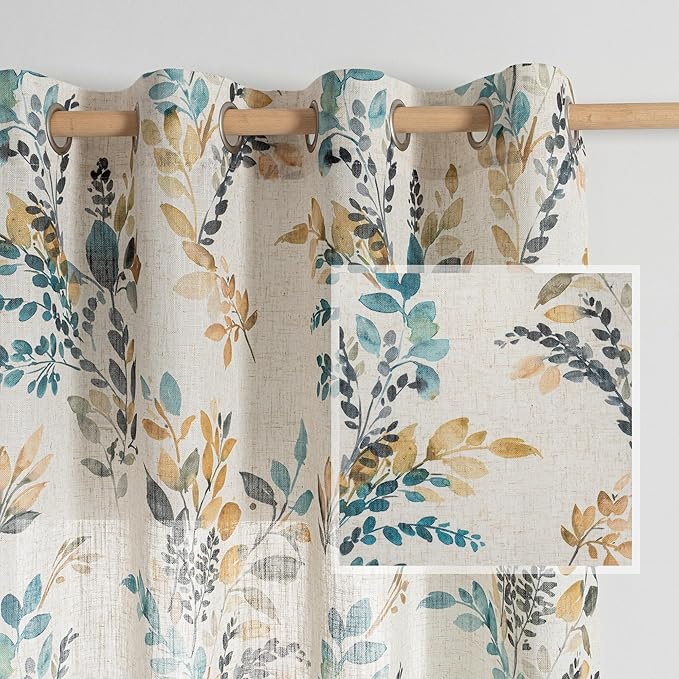 MYSKY HOME Curtains for Living Room Semi Sheer 72 inch Length Light Filtering Privacy Protect Drapes Set Linen Blended Texture Soft Touch Leaves Pattern Treatment, 52" Wide, Yellow and Blue, 2 Panels