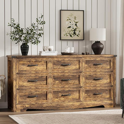 Dresser for Bedroom with 9 Drawers, 59" Wide Wood Chest of Drawers with Deep Drawers & Mental Handle, Modern Dresser TV Stand, Wooden Closet Storage Organizer for Living Room, Hallway, Entryway, Brown