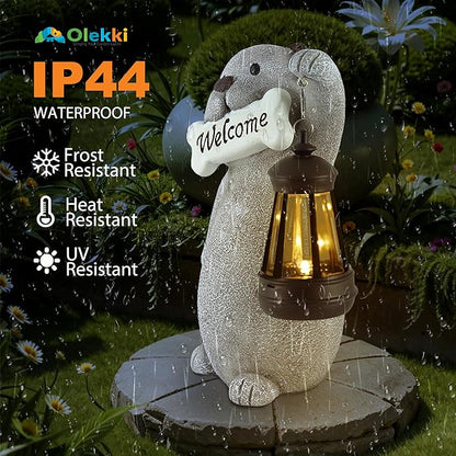 Solar Dog Garden Statue with Lantern Light – 9.2in Outdoor Dog Figurine for Yard Patio Garden Decor, Cute Memorial Gift for Women Mom