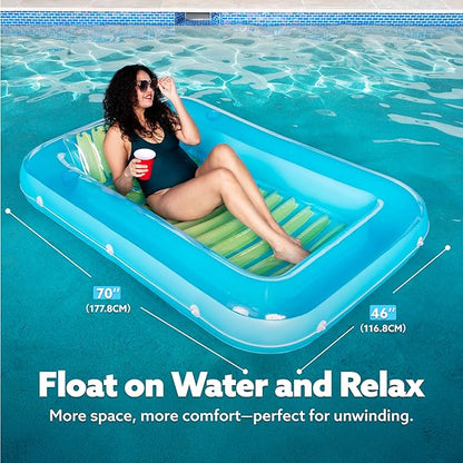 SLOOSH Inflatable Tanning Pool Lounger Float, 70" x 46" Pool Floats Adult with Pillow, 4 in 1 Suntan Tub Raft Floatie,Sunbathing Bed Lounge for Water Blow Up Kids Ball Pit Party Gifts, L-Blue Green