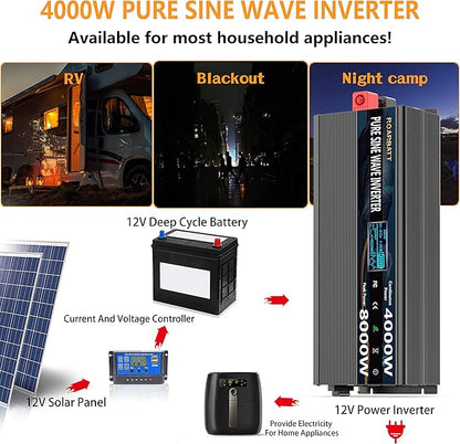 Pure Sine Wave Power Inverters 4000W 12V DC to AC 110V 120V Peak 8000W with Remote Control 4 Outlets,Dual USB Port,LED Display Terminal Blocks for Inverter Truck RV Car Solar System