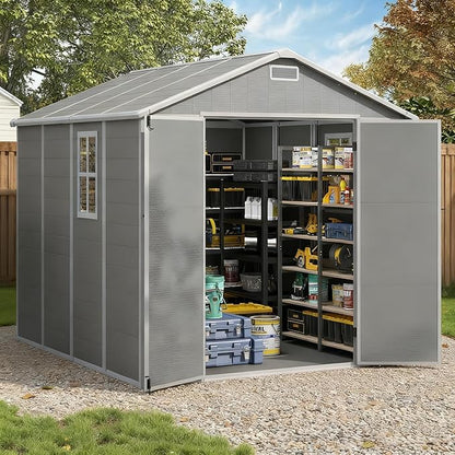 Outdoor Shed 5x3/6x4/7x7/8x6/8x10/8x12 FT, 15MM Thick PP Resin Plastic Shed with Lockable Door & Floor - Waterproof Plastic Tool Shed for Bike, Garbage Can, Backyard, Patio ﻿ ﻿ (Grey, 7x7FT)
