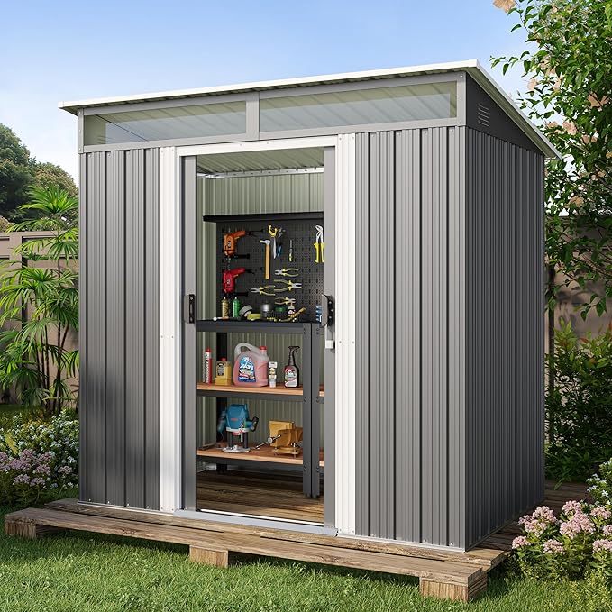 Gizoon 6'x4' Outdoor Storage Shed Metal Garden Shed with Sliding Lockable Doors, Versatile Tool Bike Shed with Transparent Panel Windows, Outdoor Storage Clearance for Backyard, Patio, Dark Gray