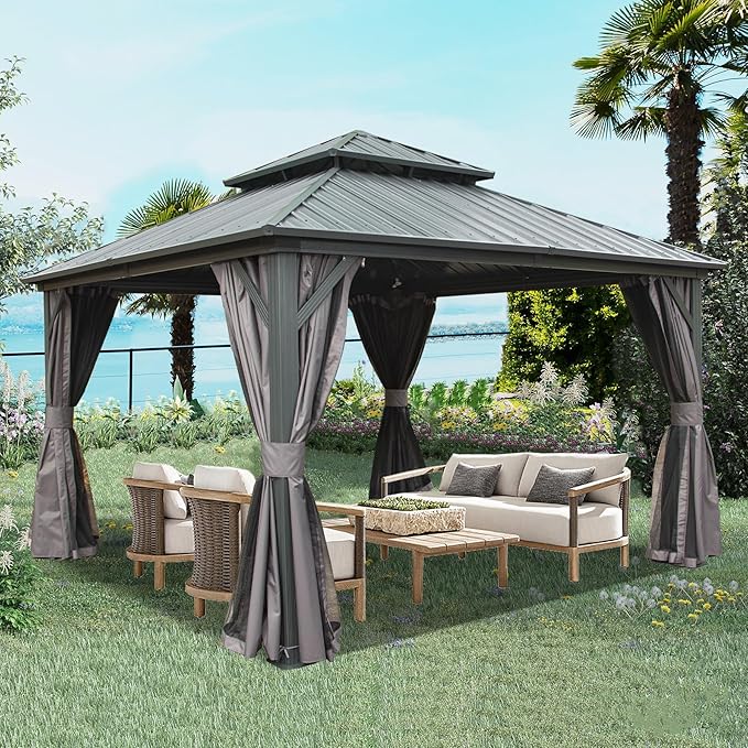 Domi 12' x 12' Hardtop Gazebo Permanent Aluminum Metal Gazebo with Galvanized Steel Double Roof Canopy, Curtains, and Netting for Patio, Backyard, Deck, Lawn