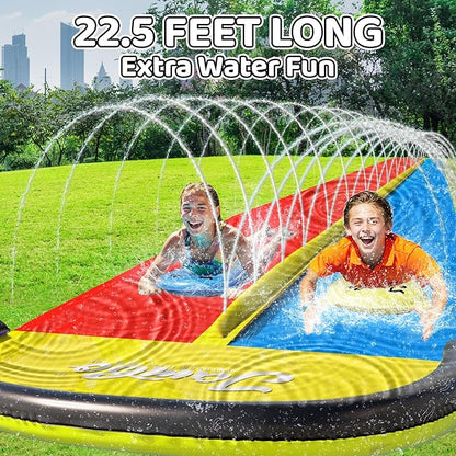 JAMBO 22.5ft Double Lane Slip Splash and Slide with 2 Bodyboards with Built in Sprinkler for Backyard Outdoor Water Fun for Kids