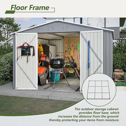 10×10 FT Outdoor Storage Shed,Metal Aluminum Waterproof Tool Sheds with Foundation,Doors & Vents,Heavy-Duty Sheds Unit W/Lock & Key,for Storing Bicycles,Lawnmowers,Barbeques,Gray