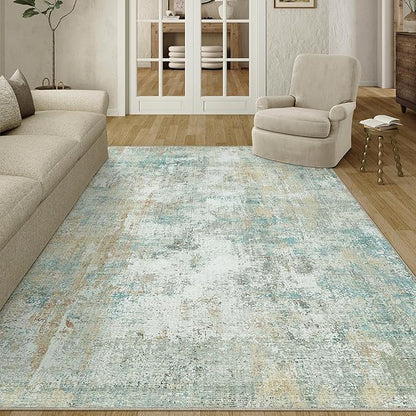 6x9 Washable Area Rug Teal Beige Modern Neutral Abstract Living Room Bedroom Indoor Floor Carpet Low Pile Soft Non-Slip Lightweight Vacuumable Throw Rug for Nursery Dining Room Office
