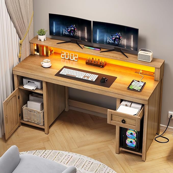 DWVO Farmhouse Office Desk with Drawer & Power Outlets, Rattan Computer Desk w/LED Strip & Monitor Stand for Bedchamber Study, Home Office Table w/Storage Cabinet for Working Writing Gaming (Oak)