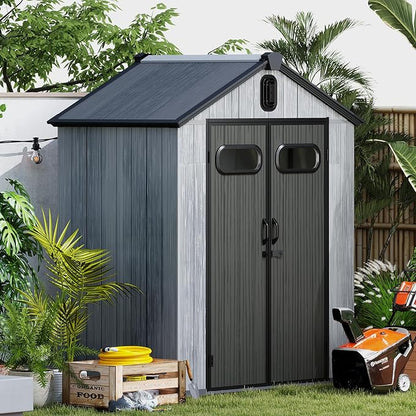 6X4FT Outdoor Resin Storage Shed, Waterproof Plastic Garden Shed with Lockable Door, Windows & Vents, Outside Storage Tool Shed for Patio Furniture, Lawn Mower, Bike