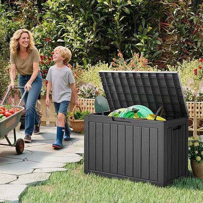 Outdoor Storage Box, 50 Gallon Deck Box Waterproof, Resin Patio Storage Bin for Package Delivery, Patio Furniture Cushion, Garden Tools, Pool Accessories, Weatherproof, Black