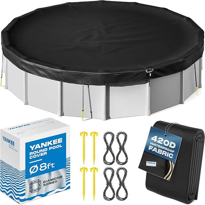 Yankee Diamond Series Pool Covers for Above Ground Pools | All-Weather, Windproof, Light 8ft Round Pool Cover w/ 4 Screw-in Pegs, 4 Ropes | 3 Mounting Methods, Strong Fastenings for Triple Protection