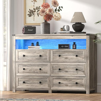 Dresser for Bedroom with 6 Drawers, Wide Chest of Drawers with LED Light and Power Outlet, Wooden Closet Organizer Clothes Storage Cabinet, Modern Double Dressers for Living Room, Hallway, Grey
