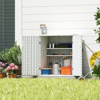 Heavy Duty Small Storage Cabinet Outdoor Weatherproof, 14 Cuft Garage Storage Cabinet with 2 Adjustable Shelves, Lockable Kitchen Pantry Closer Organizer, 31Wx23Lx34H, Polar White