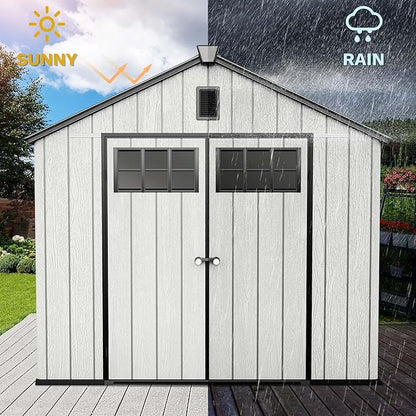 DWVO 8x10 FT Outdoor Storage Shed, 544 cuft Plastic Storage Shed with Floor & Lockable Door, All-Weather Tool Garden Shed with Window & Vent for Patio Furniture, Lawn Mower, Pool Supplies, Dark Gray