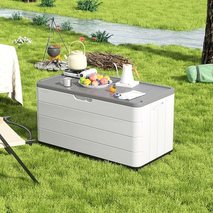 100GAL White Resin Deck Box with Wheels – Lockable, Waterproof, SGS-Tested UV Resistance, Spacious Outdoor Storage for Patio Cushions & Pool Gear, Easy Assembly