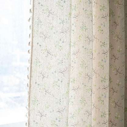 ENJOYBRIDAL Floral Farmhouse Curtains Semi-Blackout Living Room Drapes 96 Inch Length Cotton Linen Blend Bohemian Window Curtain Panels with Tassel Beige Rod Pocket Bedroom Drapes, 1 Panel