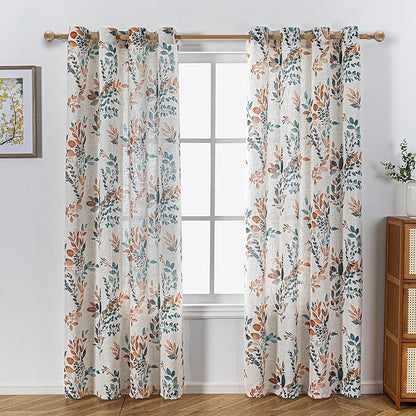 MYSKY HOME Curtains for Living Room Semi Sheer 84 inch Length Light Filtering Privacy Protect Drapes Set Linen Blended Texture Soft Touch Leaves Pattern Treatment, 52" Wide, Burnt Orange, 2 Panels
