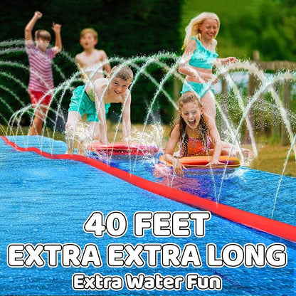 JAMBO 40FT Mega Slip Splash and Slide with 2 Bodyboards | Water Slide Waterslide Backyard Outdoor Water Toys for Kids with Sprinklers | Outdoor Splash Mat Splash Pad, Double Lane Summer Toy