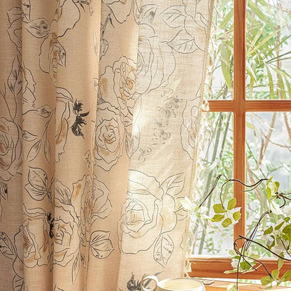 ENJOYBRIDAL Floral Curtains 63 Inches Long 2 Panels Set Coquette Rod Pocket Drapes Short Boho Bedroom Semi Sheer Window Curtain Panels Farmhouse Living Room Rose Decorations Tassel Window Treatments