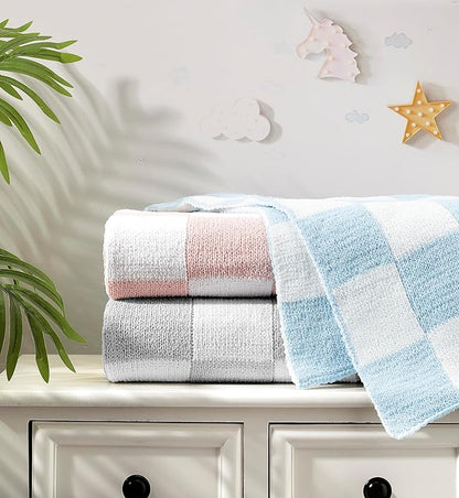 CREVENT 30"X40" Cozy Soft Warm Chenille Baby Blanket for Girls Boys, Newborn Essentials for Infant, Baby Shower Receiving Gift - Checked Pink 75X100cm