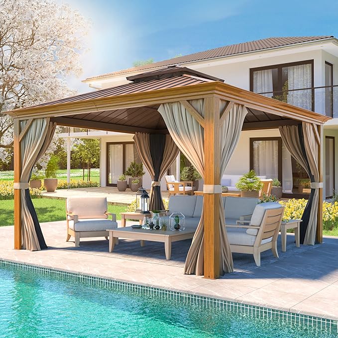 YOLENY 12'x12' Hardtop Gazebo, Wooden Finish Coated Aluminum Frame Canopy with Galvanized Steel Roof, Outdoor Metal Gazebos with Curtains and Nettings for Patio, Backyard, Deck and Lawns