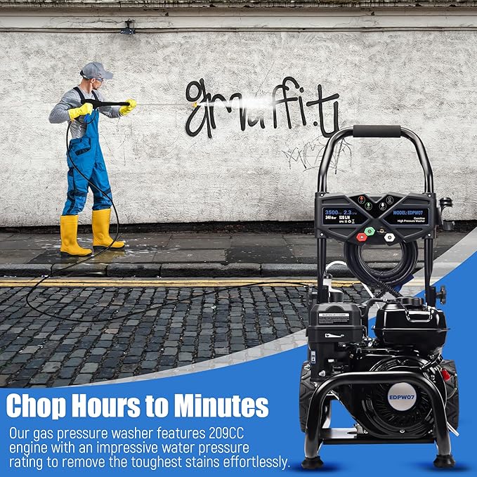 3500 PSI Gas Pressure Washer, 2.3 GPM – Heavy Duty High Power with 209CC 7HP Engine, 25Ft Pressure Hose, Axial Aluminum Pump, Soap Tank, 4 Quick Connect Nozzles (Black)