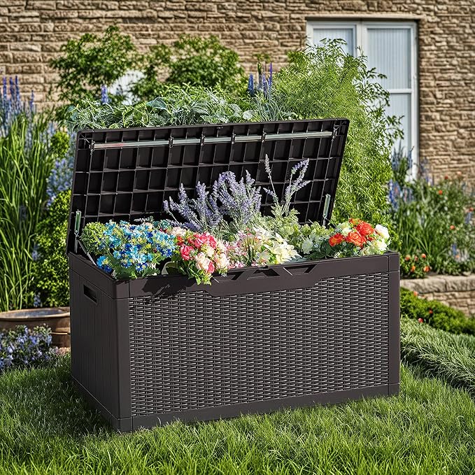 Devoko 97 Gallon Deck Box, Waterproof Resin Outdoor Storage Box for Outside and Patio, Large Outdoor Storage Bench Cabinet Lockable for Patio Furniture, Garden Tools and Pool Supplies (Deep Brown)