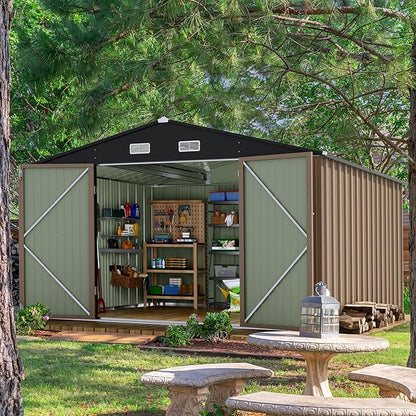 Devoko 10 x 10 FT Outdoor Storage Shed, Metal Garden Sheds & Outdoor Storage Clearance, Large Tool Shed Outdoor with Single Lockable Door for Patio Lawn Backyard (Brown)