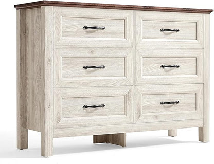 LINSY HOME Dresser for Bedroom with 6 Drawers, Wide Chest of Deep Drawers with Metal Handle, Wooden Bedroom Dresser with Storage Organizer for Closet, Living Room, Hallway, Beige