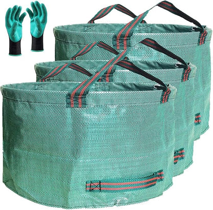 Standard 3-Pack 46 Gallon Yard Garden Bags (D26, H19 inch) with Garden Gloves, Leaf Bags,Yard Waste Bags,Recycling Bag,Camping Waste Bin,Laundry Bag,Lawn Debris,Grass Clippings,Weeds Barrel 4 Handles