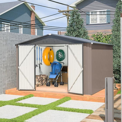 10x10 FT Outdoor Storage Shed, Large Metal Garden Shed with Lockable Hinged Doors, Outside Tool Shed with Sloped Roof & 4 Air Vents, Waterproof Storage Building for Backyard, Patio, Lawn, Brown