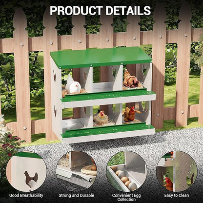 6 Hole Chicken Nesting Box, Galvanized Steel Nesting Boxes with Vented Design, Laying Nesting Boxes for Hens, Wall Mount, Green