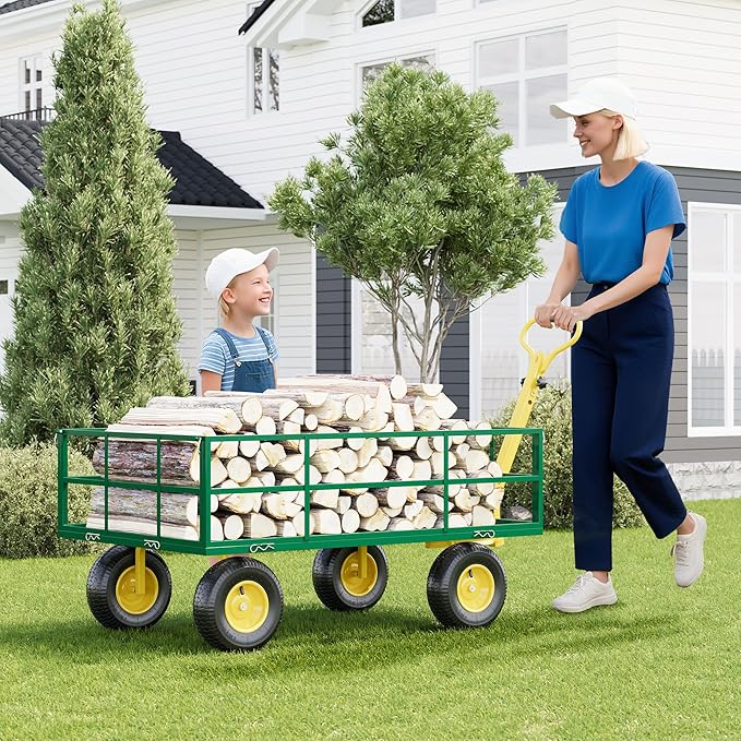 1200LB Capacity Garden Cart, 3-in-1 Heavy Duty Utility Wagon with 13" All-Terrain Tires, Removable Mesh Sides & 180° Swivel Handle - Outdoor Yard Cart for Gardening, Farming, Patio Use