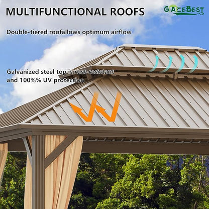 10x12 ft Hardtop Gazebo Outdoor Aluminum Patio Gazebo Double Roof Galvanized Steel Canopy with Netting and Curtains for Garden, Backyard, Deck and Lawns.