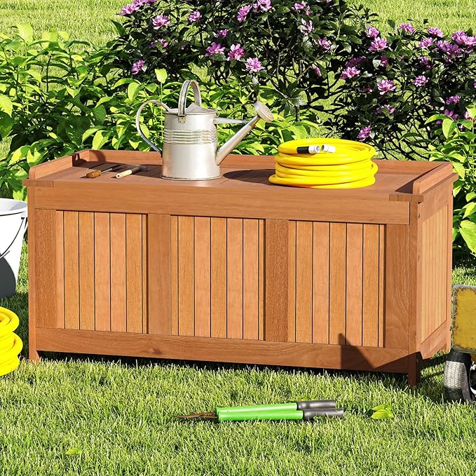 Tangkula 58 Gallon Wood Outdoor Storage Box, 3-in-1 Patio Storage Bench with Flip Top for Cushions, Pool Supplies, Gardening Tools, Outdoor Deck Box for Garden, Backyard, Poolside