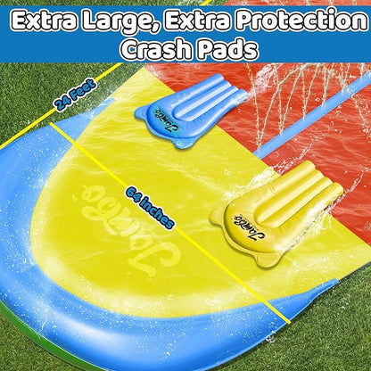 JAMBO 24Ft XL Slip Splash and Slide and 2 Bodyboards, Heavy Duty Lawn Water Slide, Summer Water Toy with Sprinkler for Backyard Outdoor Water Fun n Toys for Kids, Splash Mat Splash Pad