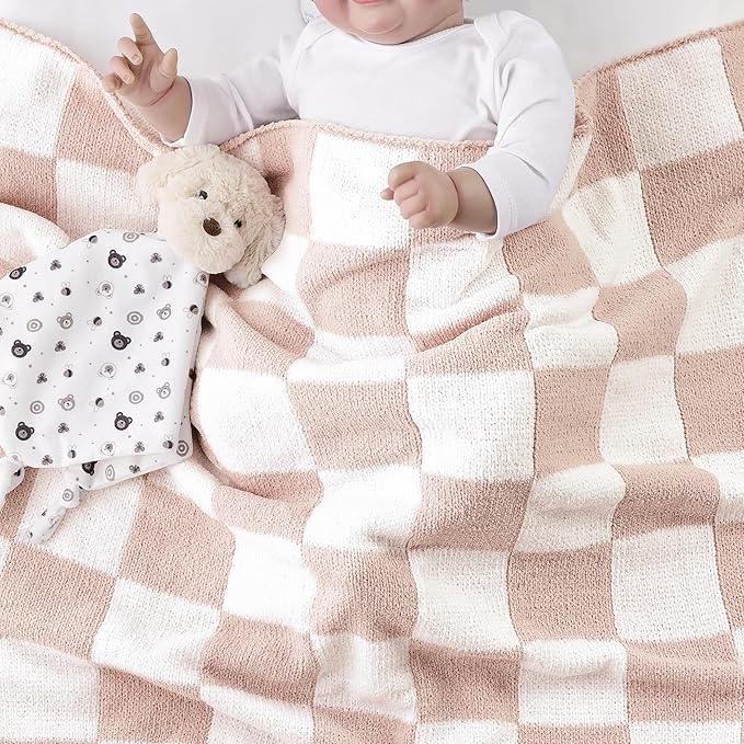 CREVENT 30"X40" Cozy Soft Warm Chenille Baby Blanket for Girls Boys, Newborn Essentials for Infant, Baby Shower Receiving Gift - Checked Pink 75X100cm