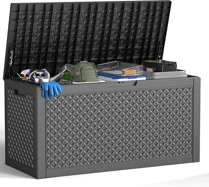 ROJIK Outdoor Storage Housing Deck Box - Waterproof Patio Furniture, Garden Tools, Cushions, Pool Accessories Storage Bench with Lockable Lid and Side Handles (Black pattern,100 Gal)