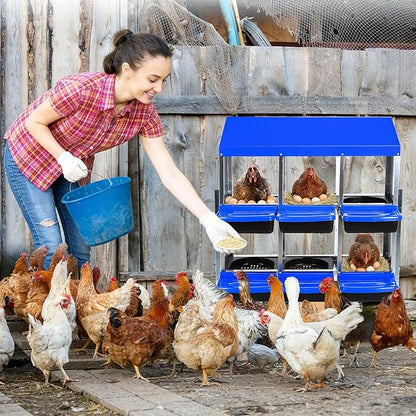 Chicken Nesting Box 6-Hole Roll Away Egg Laying Box with Lid & Stand, Galvanized Steel Rustproof Poultry Coop Box, Wall Mountable No Bracket Needed for Hens, Blue
