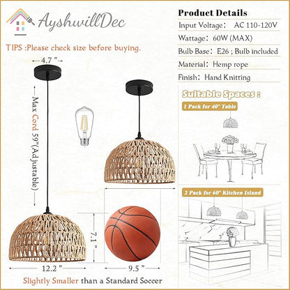 Hemp Rope Woven Pendant Light Woven Light Fixture Boho Chandelier Light Fixture Wicker Pendant Lights Rattan Lights Pendant Dome Wicker Chandelier for Dining Room Kitchen Island(Bulb Incl.