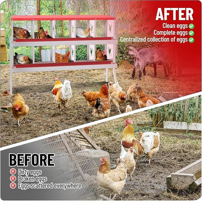 Metal Chicken Nesting Box, 10 Compartments, Rollout Egg Collection, Large Vented Holes, Perch Included, Wall Mount or Free Standing Laying Box for Hens and Chickens - Red with Legs