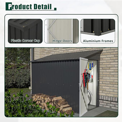 4×8 Ft Lean to Shed with Floor, Metal Outdoor Storage Shed, 0.25mm Galvanized Steel Metal Garden Shed Waterproof with Lockable Door for Backyard, Patio, Garden, Black